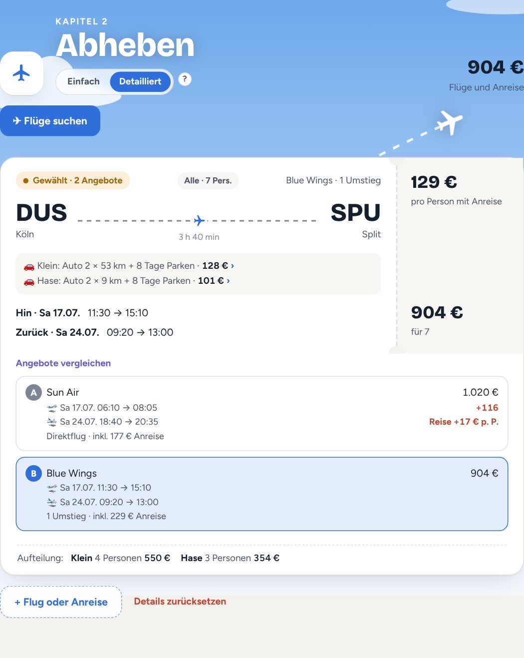 Kapitel Abheben mit gewähltem Flug und zwei Angeboten A und B im Vergleich
