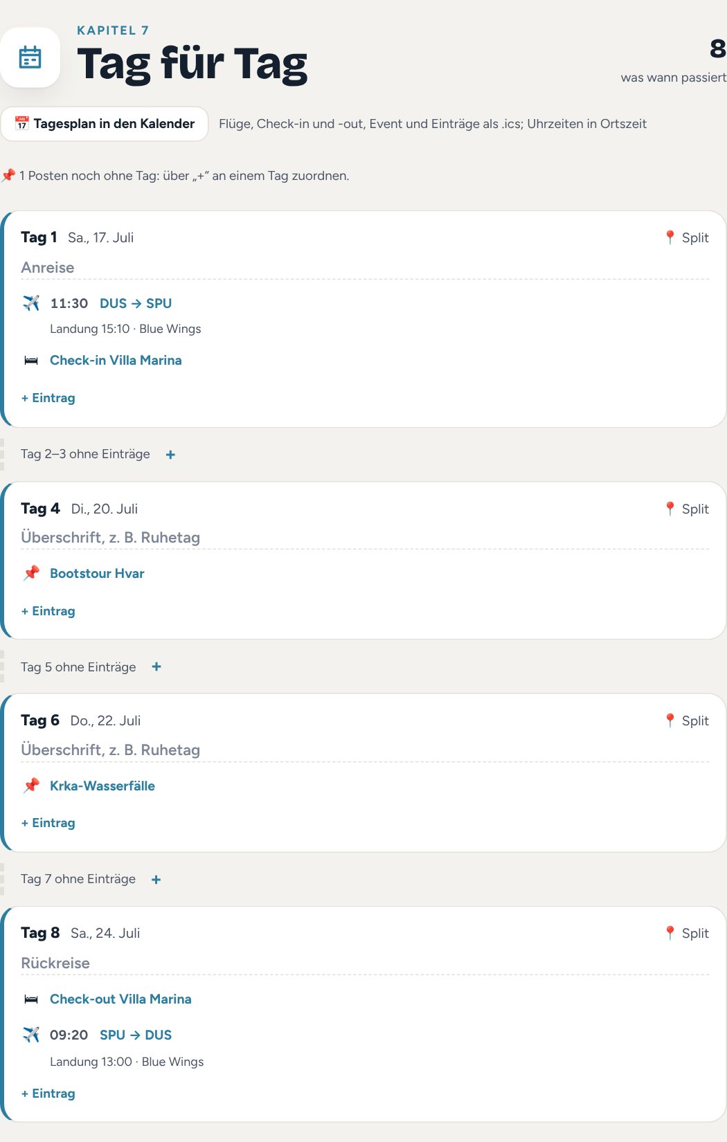Kapitel Tag für Tag mit Flügen, Check-in und Ausflügen an den einzelnen Tagen