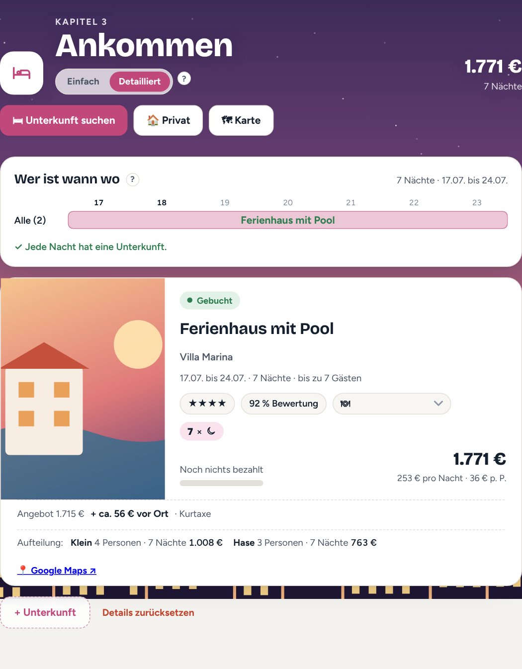 Kapitel Ankommen mit dem Plan Wer ist wann wo und einer gebuchten Unterkunft