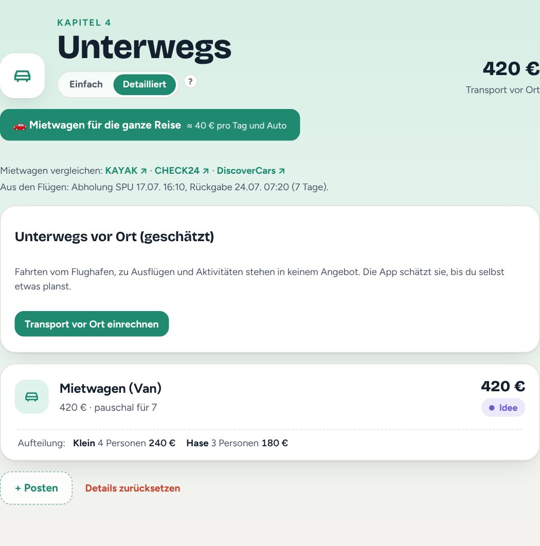 Kapitel Unterwegs mit dem Posten Mietwagen im Status Idee